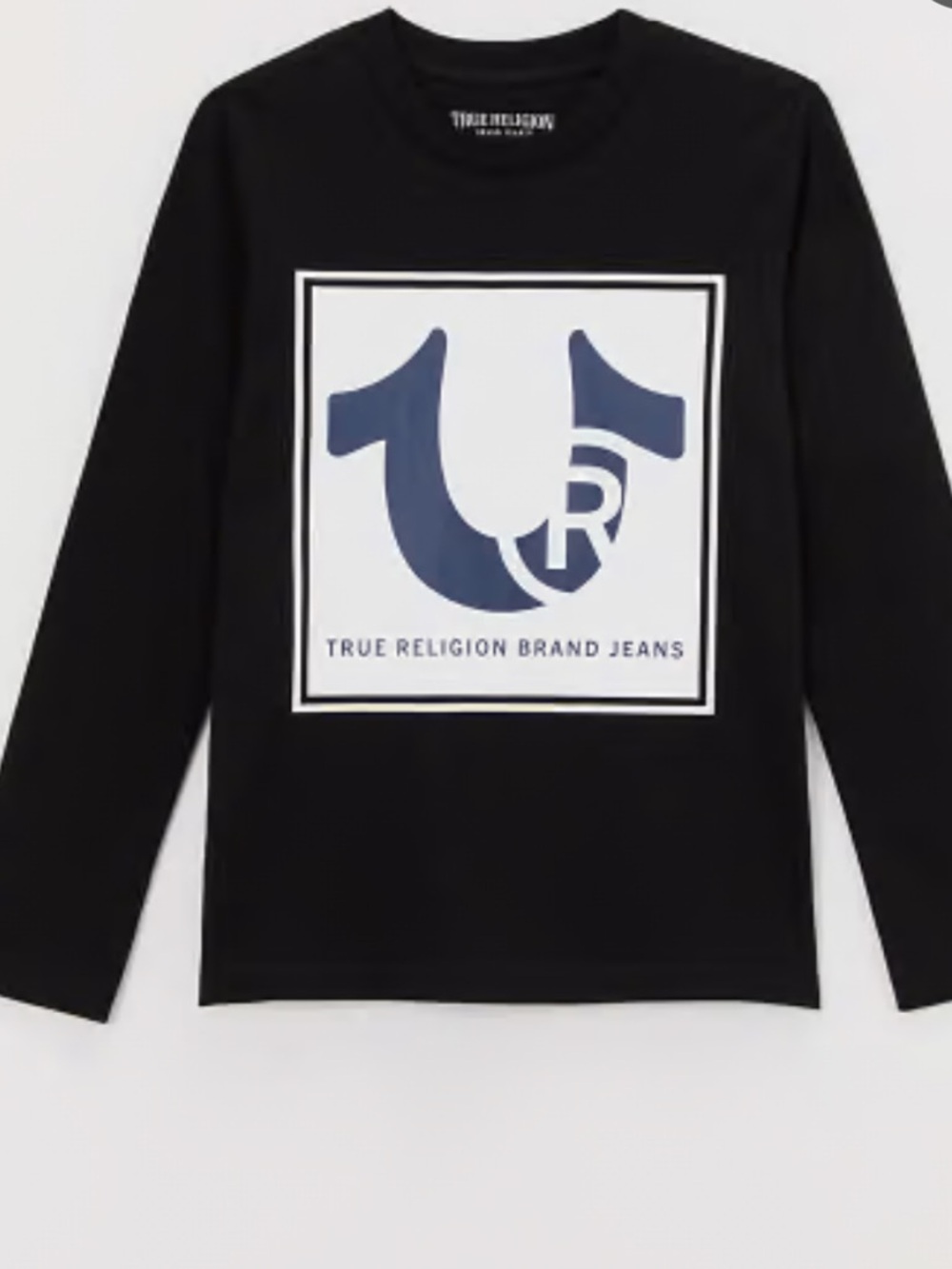 True Religion Black Long Sleeve Tee with Navy Logo Panel